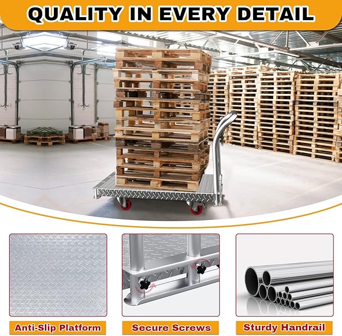 2IN1 Steel Panel Cart Dolly – Large Heavy Duty Drywall Lumber Truck Cart with 2700 LBS Capacity, 40 x 24 Inch 2.2MM Steel Plate, 6.3" Swivel Brake Wheels, 1 Front & 3 Side Handrails