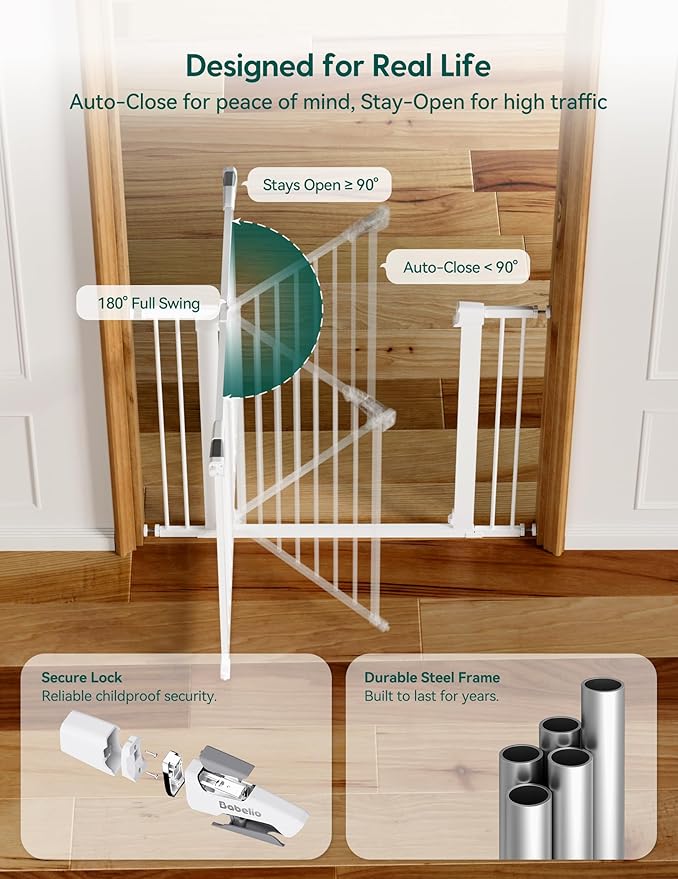 Babelio Metal Baby Gate, 29-48“ Auto Close Easy Install Pet Gate, Extra Wide Walk Thru Child Safety Gate, Pressure Mounted Dog Gate for Doorways & Stairs, with Y Spindle Rods, White