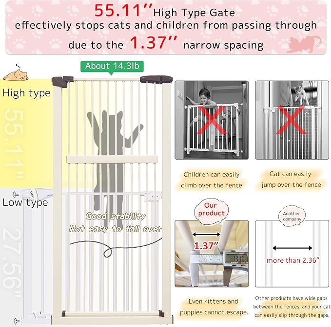 Lumizone Extra Tall Pet Gate 55.12" High Pressure Mounted 63.39"-67.90" Extra Wide (9 Sizes) 1.37" Gap for Cat Dog Stairs Doorway Hallway No Drilling Auto-Close (63.39"-67.90" W, Cream White)