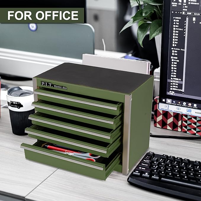P.I.T. Mini Army Green Tool Box, Portable 5-Drawer Micro Roll Cab Steel Tool Box with Liner, Army Green Small Tool Case for Tools Storage, Home DIY