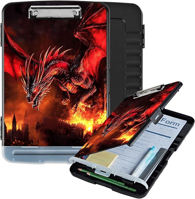 Clipboard with Storage Box & Pen Holder,Heavy Duty Clip Boards 8.5x11 for Nursing,High Capacity,School & Office Supplies,Fire Dragon