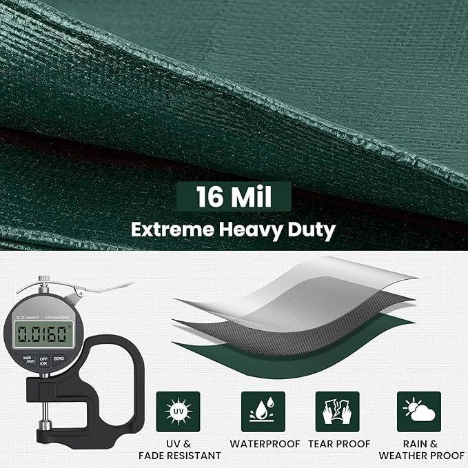 Tarp 8x10 Feet 16 Mil Heavy Duty Waterproof Tarp, Large Multipurpose Cover with Brass Grommets and Reinforced Edges, UV Resistant Thick Poly Tarps for Outdoor Camping Tent Pool Car, Green