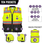 Global Glove GLO-099 Premium High-Visibility Surveyors Safety Vest, Lightweight and Breathable, Zipper Closure, 9 Pockets