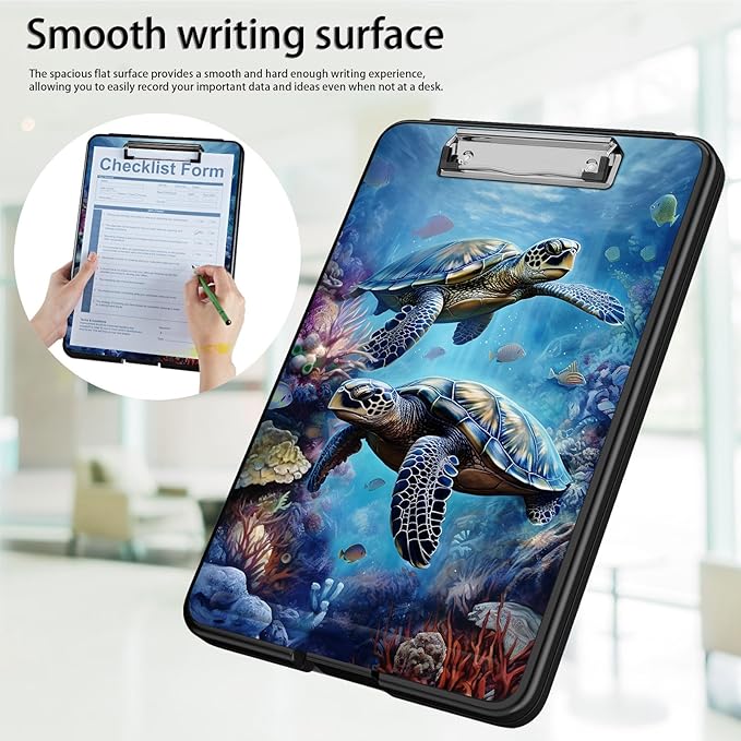 Clipboard with Storage,Office Supplies Nursing Clipboards Folder with Pen Holder Plastic Foldable Clip Board with Storage for Nurse Teacher,Turtle in Sea