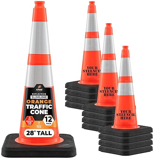 Xpose Safety 28 Inch Orange Slim Line Traffic Cones Heavy Duty 10lb with 6" & 4" Collars, 12 Pack Multipurpose PVC Plastic Safety Cone for Parking, Soccer, Caution, Kids & Construction - DOT Approved