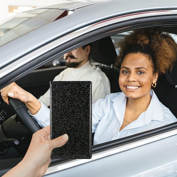 Car Registration and Insurance Holder, Leather Magnetic Shut Vehicle Glove Box Organizer for Document, Card, Driver License, Glitter Black