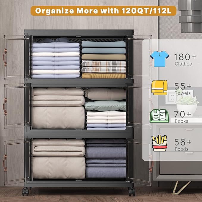 720Qt Stackable Storage Bins with Lids, 6 Pack Large Collapsible Bins with Wheels, Plastic Cabinet with Doors, Foldable Closet Organizers and Storage for Home, Dorm, Office, Black