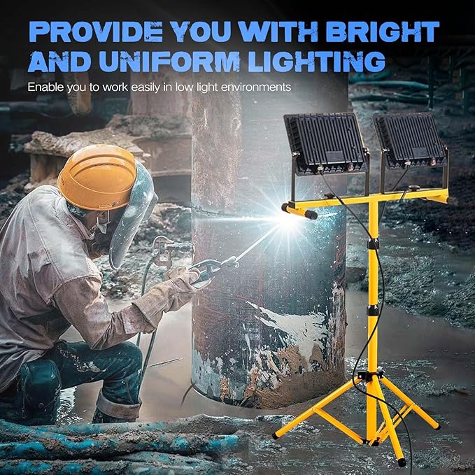 21000 Lumen Work Lights with Stand, 3 Adjustable Head LED Work Light, with Adjustable and Foldable Tripod Stand, Waterproof Lamp with Individual Switch with 6500 Kelvin Color (2-Head-Yellow)