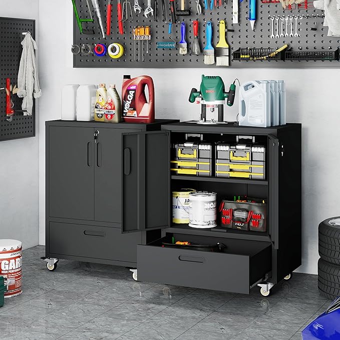 Metal Storage Cabinet with Wheels, Mobile Garage Storage Cabinet with 2 Lockable Doors and 1 Drawer, Rolling Tool Cabinet, Assembly Required, Black