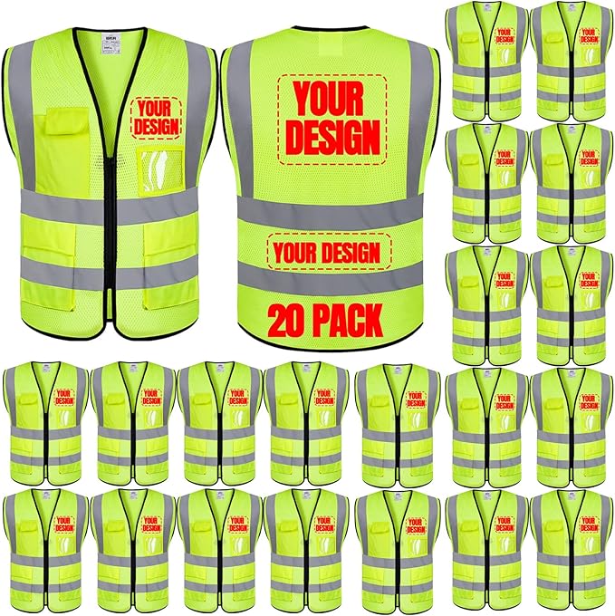 BeautyWill 10/20 Pack Custom Logo Safety Vest,Bulk High Visibility Class 2 Reflective Work Vests