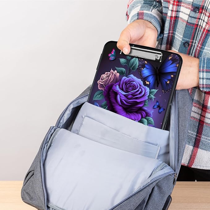 Clipboard with Storage,Heavy Duty Plastic Storage Clipboard with Low Profile Clip,Teacher Must Haves,Office Supplies,Blue Pink Roses Butterfly
