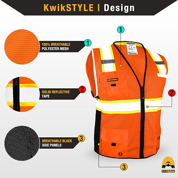 KwikSafety - Charlotte, NC - BIG KAHUNA Safety Vest [2 PACK] Class 2 ANSI OSHA Reflective Vest Durable High Visibility Vest Construction Safety Vest for Men Industrial Work Gear/Orange Large