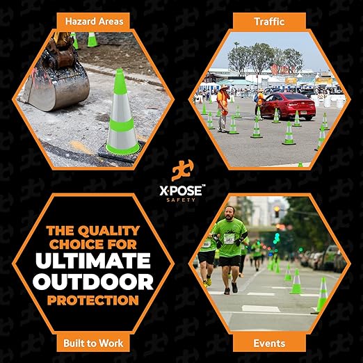 Xpose Safety 28” Lime Green Traffic Cone Dual 6" & 4" Reflective Collar – 8 Pack Multipurpose Premium PVC Safety Cone for Parking, Caution, Construction, Road Crews, Emergency Vehicle - DOT Approved