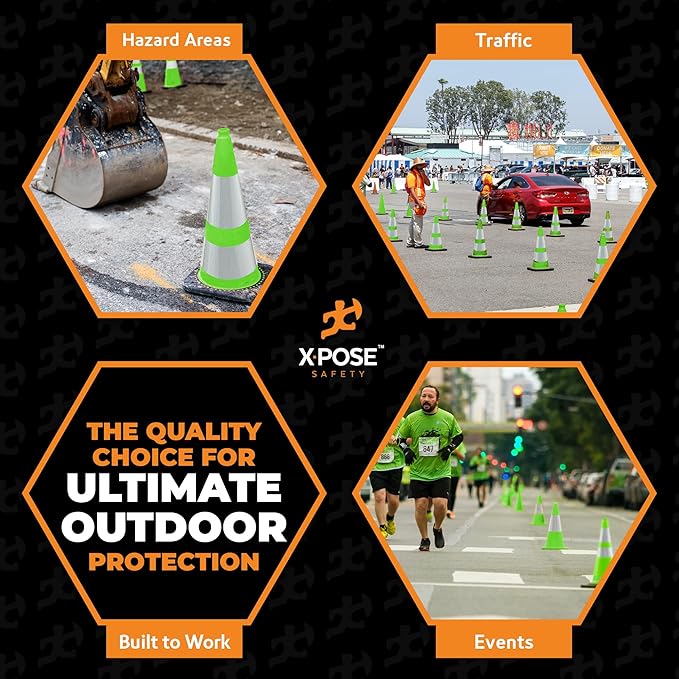 Xpose Safety 28” Lime Green Traffic Cone Dual 6" & 4" Reflective Collar – 12 Pack Multipurpose Premium PVC Safety Cone for Parking, Caution, Construction, Road Crews, Emergency Vehicle - DOT Approved