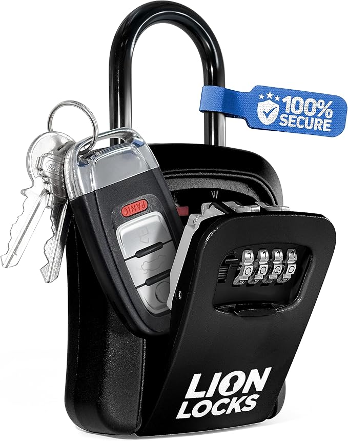 Lion Locks Lock Box - House Key Lockbox, Real Estate Lock Box with Combination, Car Key Safe - Waterproof, Easy Install, Black