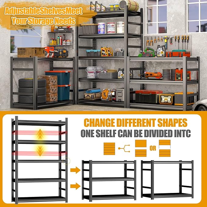 Storage Shelves, Garage Metal Shelving Unit, Adjustable, Double-Layer Column with Reinforced Ribs, Heavy-Duty, Capable of Bearing 600-3600 lbs (Black, 45''W*20''D*82''H, 6-Tier)