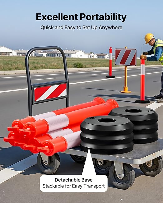VEVOR 2 Pack Traffic Delineator Posts, 48 inches Traffic Safety Cones with Fillable Base and Reflective Strips, Heavy Duty Delineator Posts for Construction Site, Parking Lot, Crowd Control, Red