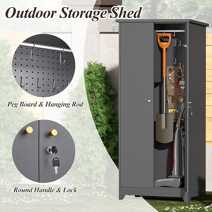 LUCYPAL Outdoor Storage Cabinet Waterproof,Metal Storage Shed with Shelves,Tool Shed with Lockable Doors and Slooping Roof for Garden,Backyard,Patio Lawn,Grey