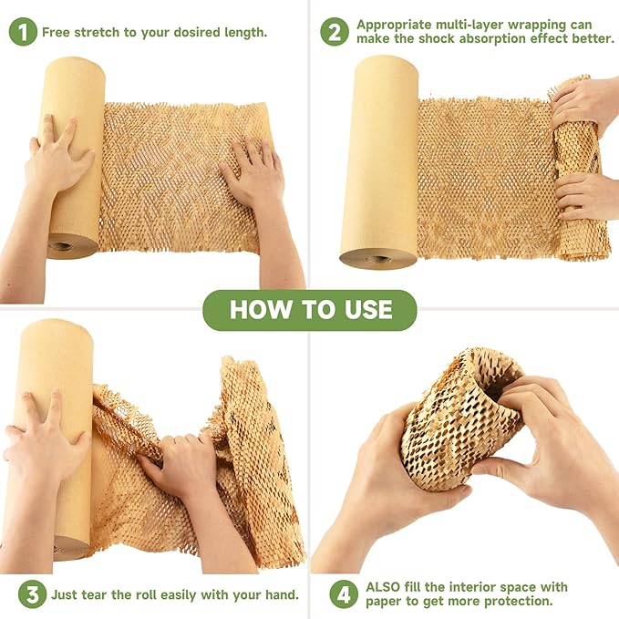 Honeycomb Packing Paper Wrap 15''x12000" (1000 ft), Substitute Alternative for Bubble Cushioning Wrap for Moving Shipping Packaging, Recyclable Moving Supplies with 48 Fragile Sticker Labels