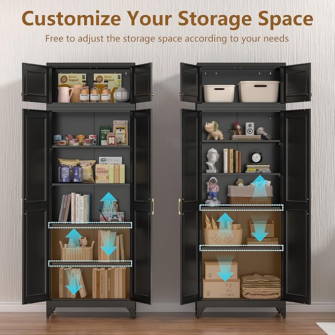 Kitchen Pantry Cabinet, Metal Food Pantry cabinets with Doors and Shelves, 90" Tall Storage Cabinet for Dining, Living Room, Black, 16" D x 32" W x 90" H, Assembly Required