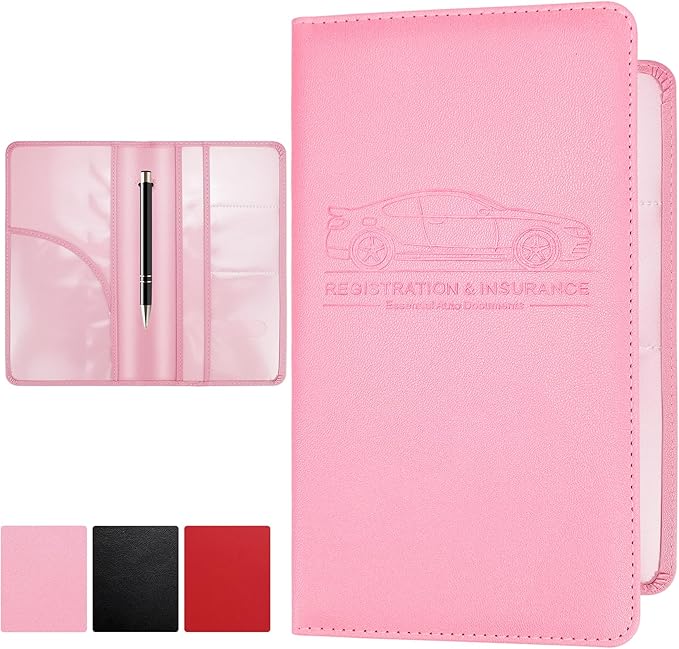 PLOJOP Car Registration and Insurance Card Holder, Leather License Document Pink Glove Box Compartment Organizer, Car Wallet Case for Essential Info, License Cards, ID Card