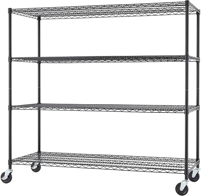 Trinity Basics 4-Tier Adjustable Wire Shelving with Wheels for Kitchen Organization, Garage Storage, Laundry Room, NSF Certified, 600 to 1800 Pound Capacity, 60” by 24” by 54”, Black