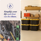 HOMZ 4-Pack Durabilt Tote, Heavy Duty Plastic Storage Bins with Lids, 27 Gallon, Black/Yellow - Stackable Organizing Containers for Home, Garage, and Shed