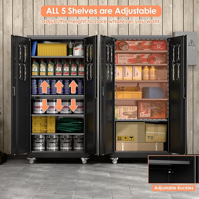 Garage Storage Cabinet with Wheels & Pegboard, Lockable Metal Storage Cabinet with Doors and 5 Adjustable Shelves for Garage Workshop Home, Assembly Required, Black, 71" H×34" W×18" D