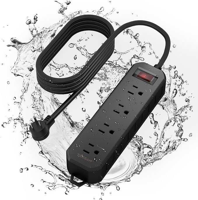 TESSAN Outdoor Power Strip Weatherproof, 6FT Extension Cord Waterproof with 4 Outlets 1 Switch (1250W), Surge Protector 1700J, Wall Mountable for Home Office and Patio Christmas Lights, Black