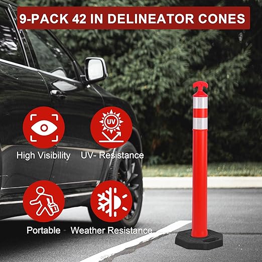 OrangeStar 9-Pack 42" Traffic Delineator Post Cones with Heavy Duty Rubber Base, Orange Safety Cones for Road, Parking Lot, Warehouse, Construction Zone Safety