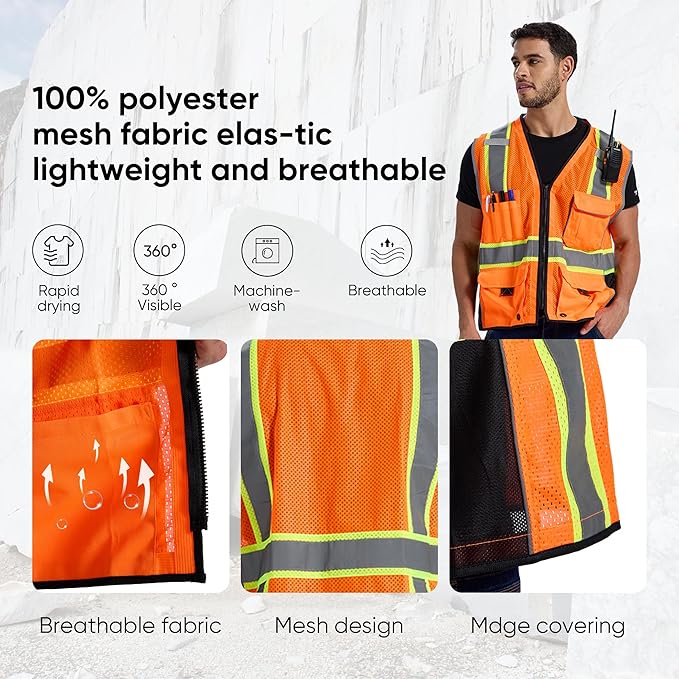 SRsafety High Visibility Vest, Security Vest with 9 Pockets,Mesh Safety Vest for Construction Workers Sanitation Workers