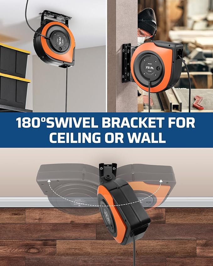 DEWENWILS 75 FT Retractable Extension Cord Reel with 6 Grounded Outlets, 14/3C SJTOW Heavy Duty Power Cord with New Twist-Lock Stopper, Lighted Triple Tap, 10A Circuit Breaker, ETL Listed