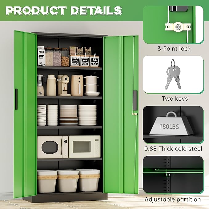 INTERGREAT Metal Storage Cabinet with Lock, 61" H Metal Cabinets Storage with 2 Doors and 4 Adjustable Shelves, Locking Garage Cabinet for Home Office, Kitchen, Bathroom (Black Green)