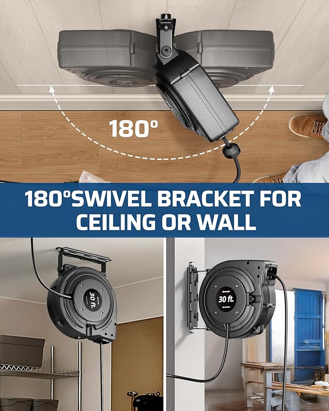 DEWENWILS 30FT Retractable Extension Cord Reel, 16/3C SJTW Heavy Duty Power Cord, Lighted Triple Outlets, 10A Circuit Breaker, Lightweight 180° Swivel Bracket, Ceiling/Wall Mount, ETL Listed, Black