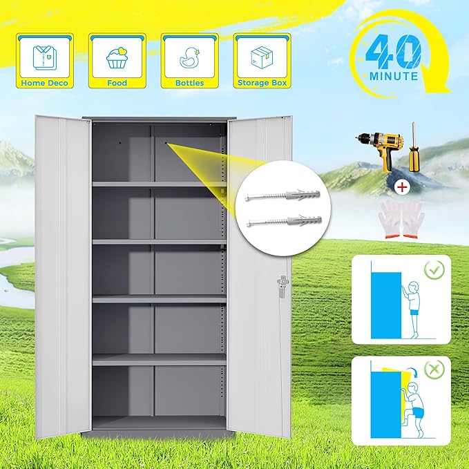 Pataku Metal Storage Cabinet, 71" Garage Cabinet with Doors and Shelves Lockable Steel Multifunctional Cabinets, File Cabinets for Home, Office, Garage, Warehouse(White Grey)