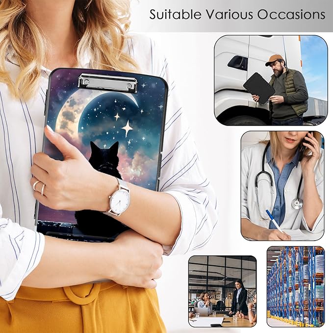 Clipboard with Storage,Office Supplies Nursing Clipboards Folder with Pen Holder Plastic Storage ClipBoard Foldable for Teacher Nurse,Moon Cat