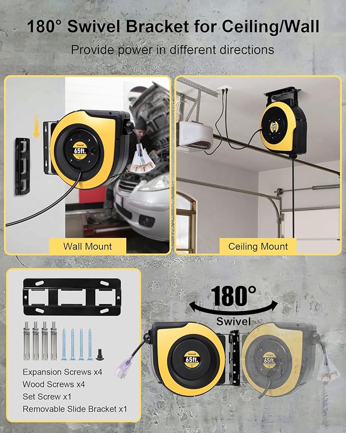 Retractable Extension Cord Reel, 65FT 12AWG/3C SJTOW Heavy Duty Power Cord with Lighted Triple Outlets, 15A Circuit Breaker, 180° Swivel Removable Bracket for Wall/Ceiling Mount, UL Listed