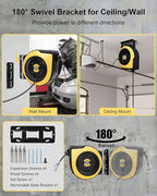Retractable Extension Cord Reel, 65FT 12AWG/3C SJTOW Heavy Duty Power Cord with Lighted Triple Outlets, 15A Circuit Breaker, 180° Swivel Removable Bracket for Wall/Ceiling Mount, UL Listed