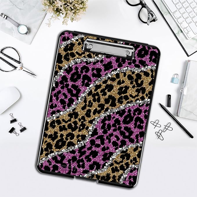 Clipboard with Storage,Office Supplies Nursing Clipboards Folder with Pen Holder Plastic Foldable Clip Board with Storage for Nurse Teacher,Pink Golden Leopard