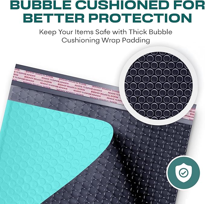 Teal 10x13 Inch Poly Bubble Mailers |Self Seal Padded Envelopes for Thick books | Air Cushioned Bubble Mailer | Usable Size 9.5x13 Inch | Waterproof Lightweight Mailing Shipping Bags | 200 Pack Bulk