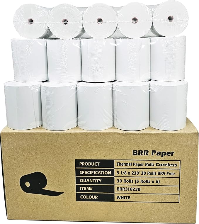 (30 Coreless Rolls - 50 GSM) 3 1/8 x 230 Thermal Paper Receipt Rolls fits all Clover POS Cash Register Printers for TSP500 TSP600 TSP 700 TSP2000 CT S300 from BuyRegisterRolls