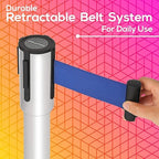 DuraSteel Chrome Crowd Control Barriers Stanchions with Retractable Belts - Metal Stanchion Posts w/ 6.5ft Blue Retractable Barrier Belt Ropes - Queue VIP Safety Line Dividers - Set of 2 Stantions