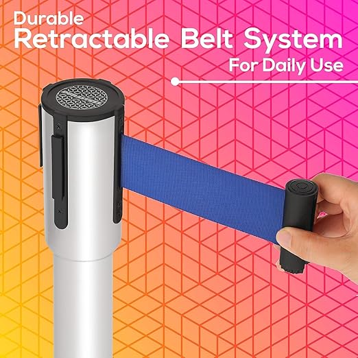 DuraSteel Chrome Crowd Control Barriers Stanchions with Retractable Belts - Metal Stanchion Posts w/ 6.5ft Blue Retractable Barrier Belt Ropes - Queue VIP Safety Line Dividers - Set of 2 Stantions