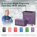 Greenvelly 8-Drawer Rolling Tool Chest, Metal Tool Chest with Wheels, Tool Cabinet with Detachable Top Tool Box, Metal Tool Cart with Liner & Hooks for Garage, Workshop, Warehouse (Purple)