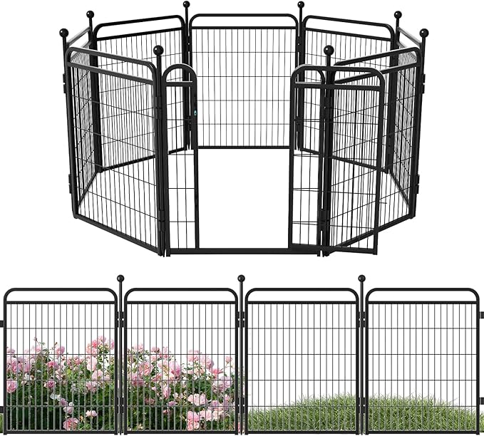 32 in(H) Decorative Garden Fence Outdoor for Yard with Gates,Heavy Duty Iron 8 Panels Total 17.3ft(L) Anti Dig Fence with Gravity Automatic Lock for Indoor/Outdoor Decorative Dog Fence,Black