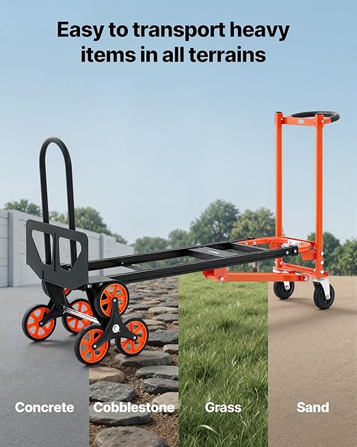 VEVOR 3 in 1 Industrial Convertible Stair Climbing Cart, 770 lbs Max Load, Folding Hand Truck Dolly with Handle & Wheels, Stair Climbing Utility Trolley for Transport & Moving, Orange & Silver