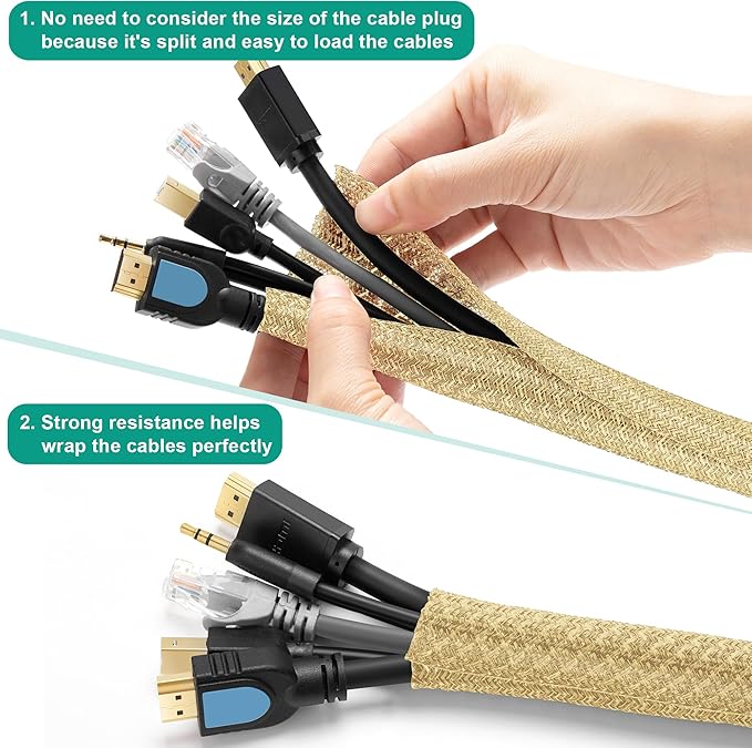 6.6ft - 4/5 inch Gold Cable Sleeve, Cable Organizer for Desk PC TV Computer, Wire Protector Cable Wrap Cover, Cord Management for Home Office
