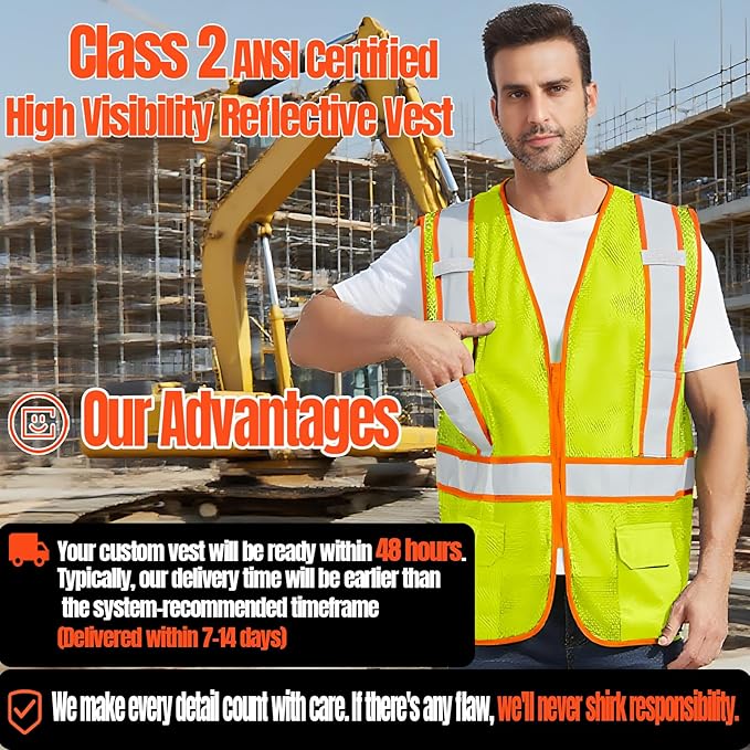 BeautyWill Custom Safety Vest Customized Logo Class 2 High Visibility Reflective Vest with Pockets Construction workwear