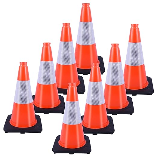 18" Traffic Safety Cones Orange Road Cones, Construction Cone with Rubber Base & Reflective Collars, Restorable Parking Cones, Heavy Duty Road Cones for Traffic Control & Road Safty(8 Pack）