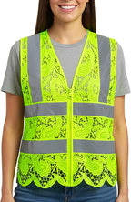 Lace-Mesh Safety Vest for Women & Men - Breathable, High Visibility Vest with Zipper & ANSI Class 2 Reflective Strips